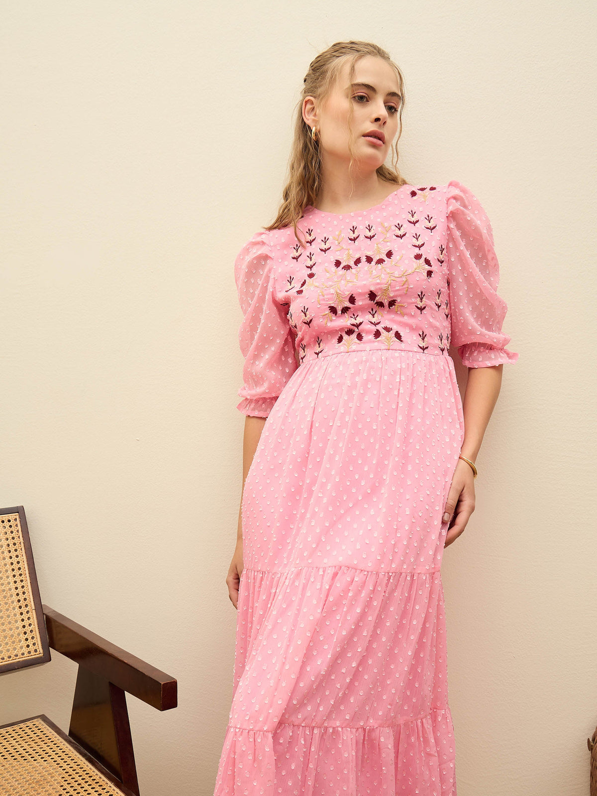 Pink Dobby Tiered Midi Dress-SASSAFRAS
