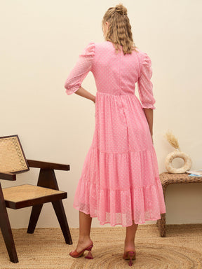 Pink Dobby Tiered Midi Dress-SASSAFRAS