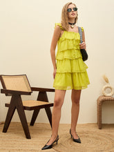 Green Dobby Ruffle Short Dress-SASSAFRAS