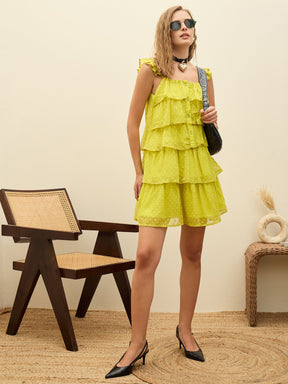 Green Dobby Ruffle Short Dress-SASSAFRAS