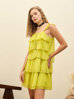 Green Dobby Ruffle Short Dress-SASSAFRAS