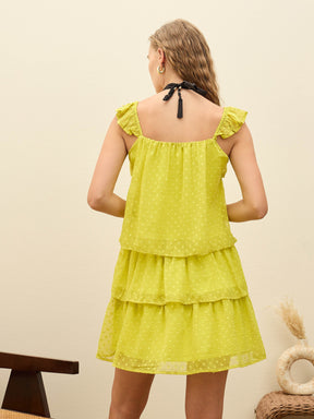 Green Dobby Ruffle Short Dress-SASSAFRAS