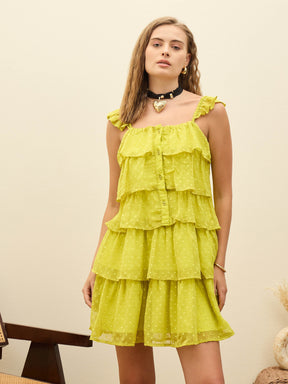 Green Dobby Ruffle Short Dress-SASSAFRAS