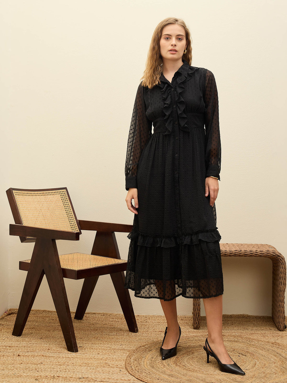 Black Dobby Puff Sleeve Midi Dress-SASSAFRAS