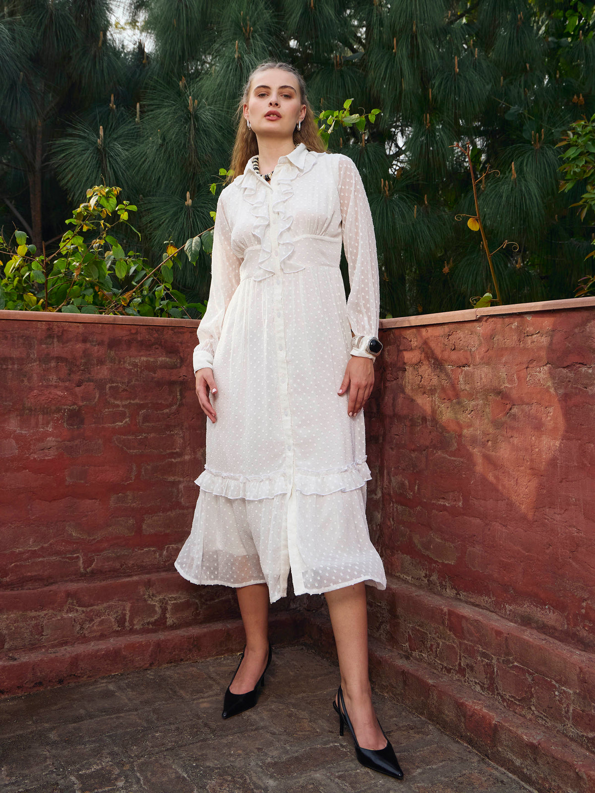 Green Dobby Puff Sleeve Midi Dress-SASSAFRAS