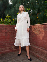 Green Dobby Puff Sleeve Midi Dress-SASSAFRAS