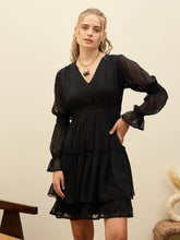 Black Dobby V-Neck Short Dress-SASSAFRAS