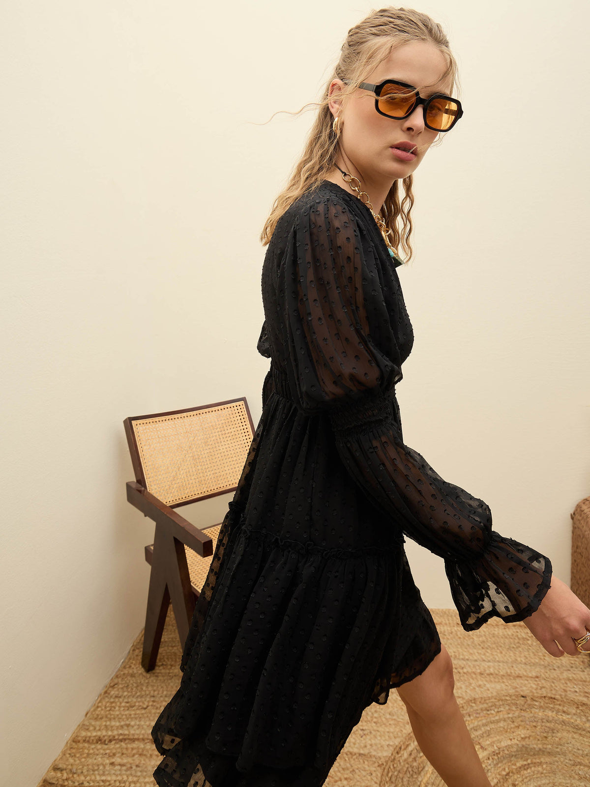 Black Dobby V-Neck Short Dress-SASSAFRAS