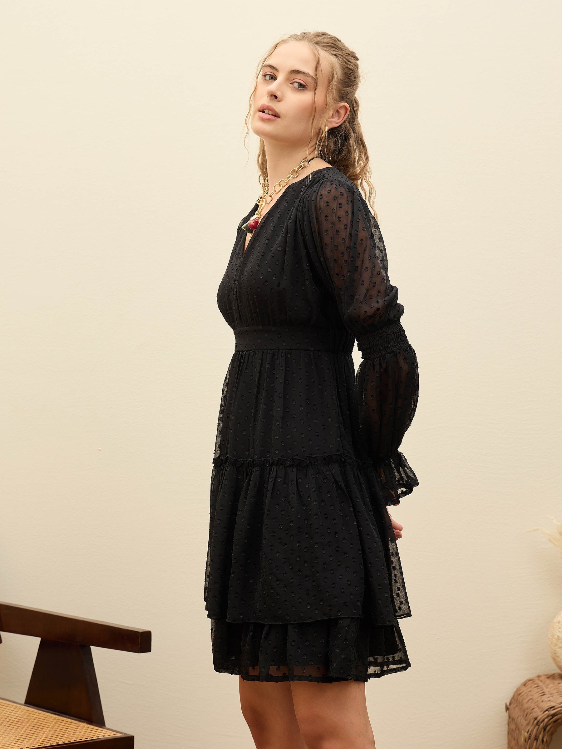 Black Dobby V-Neck Short Dress-SASSAFRAS
