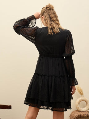 Black Dobby V-Neck Short Dress-SASSAFRAS