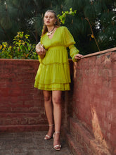 Green Dobby V-Neck Short Dress-SASSAFRAS