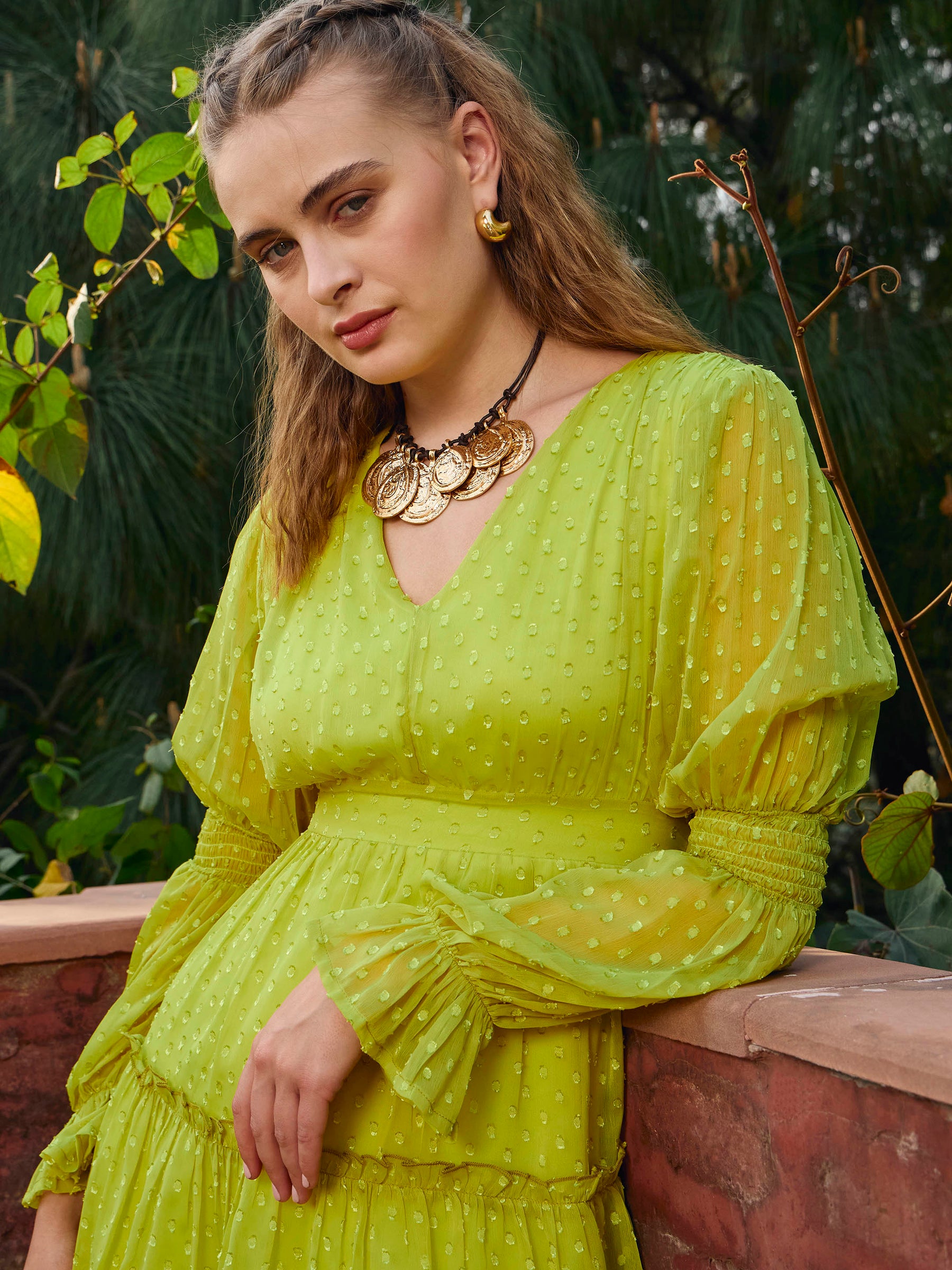 Green Dobby V-Neck Short Dress-SASSAFRAS