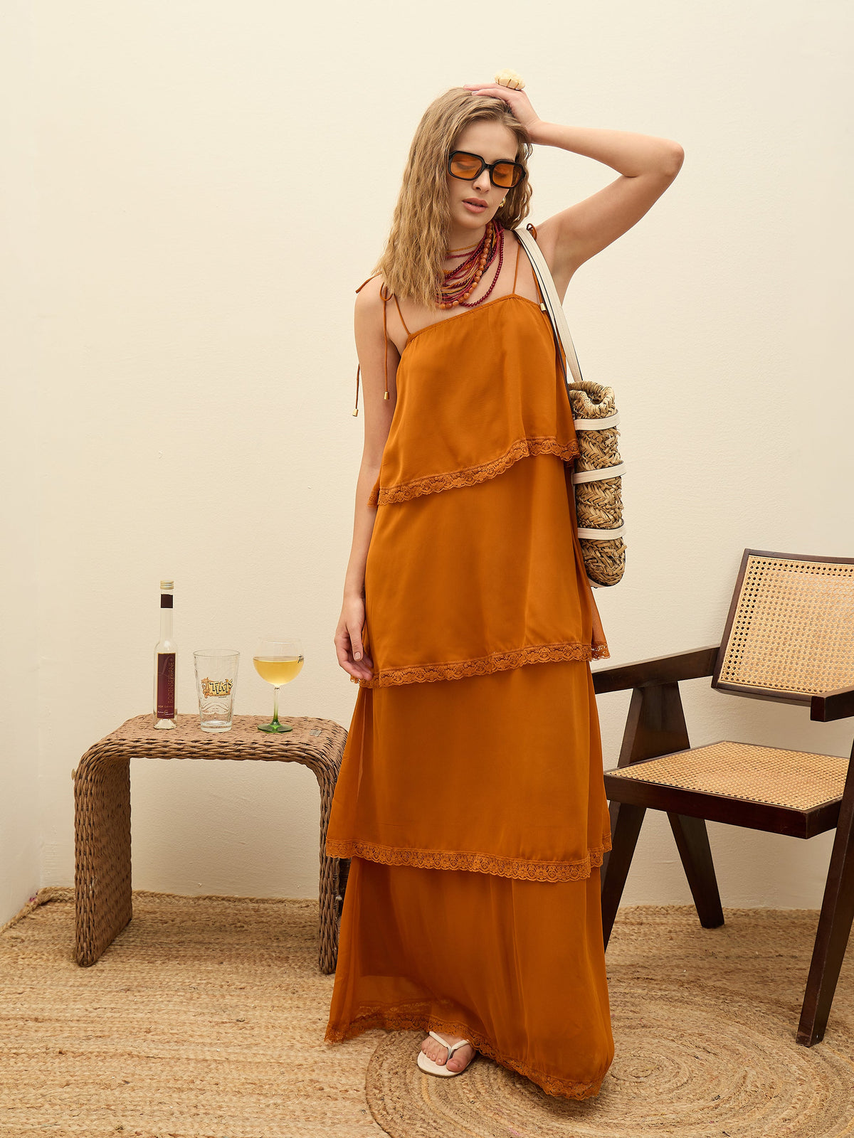 Rust Frill Strappy Maxi Dress-SASSAFRAS