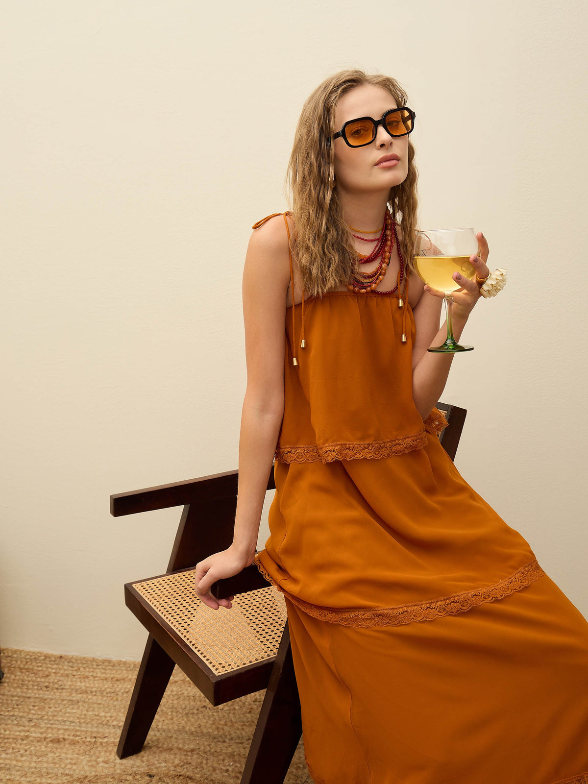Rust Frill Strappy Maxi Dress-SASSAFRAS