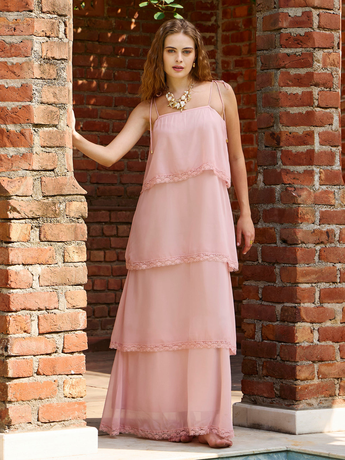 Peach Frill Strappy Maxi Dress-SASSAFRAS