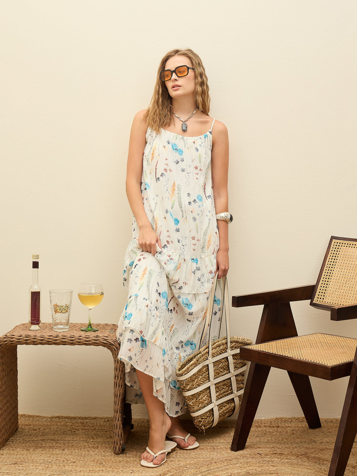 White Ditsy Floral Strappy Maxi Dress-SASSAFRAS