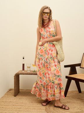 Beige Floral Strappy Maxi Dress-SASSAFRAS