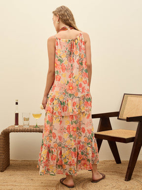 Beige Floral Strappy Maxi Dress-SASSAFRAS