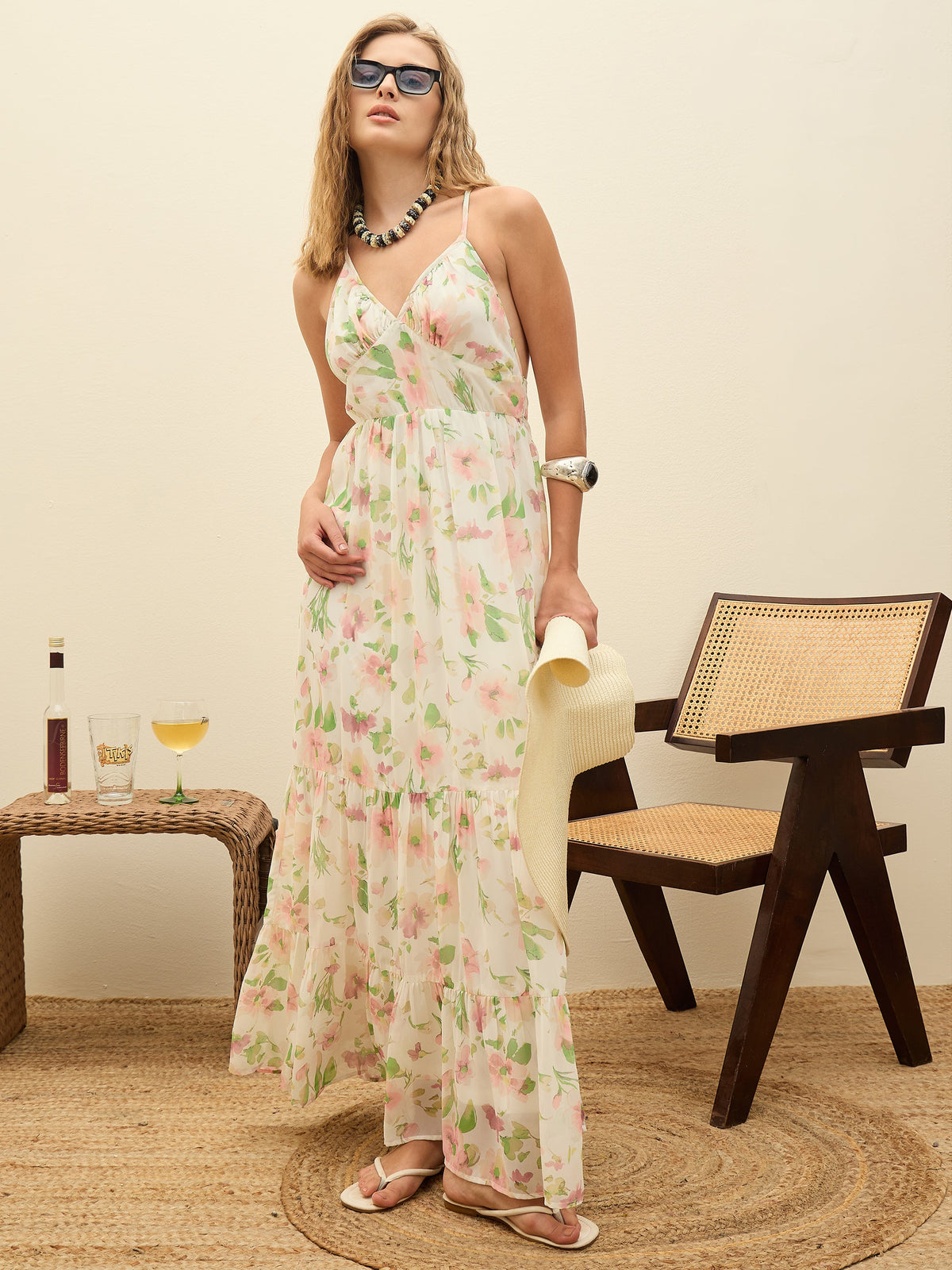 White Floral Back-Cut Out Maxi Dress-SASSAFRAS