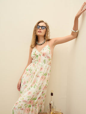 White Floral Back-Cut Out Maxi Dress-SASSAFRAS