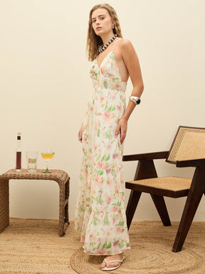 White Floral Back-Cut Out Maxi Dress-SASSAFRAS