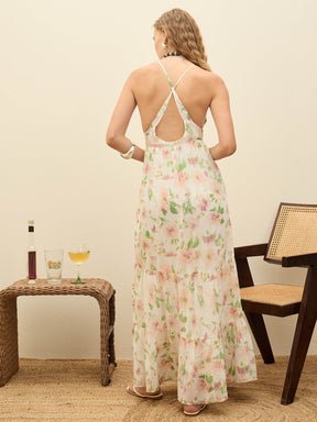 White Floral Back-Cut Out Maxi Dress-SASSAFRAS