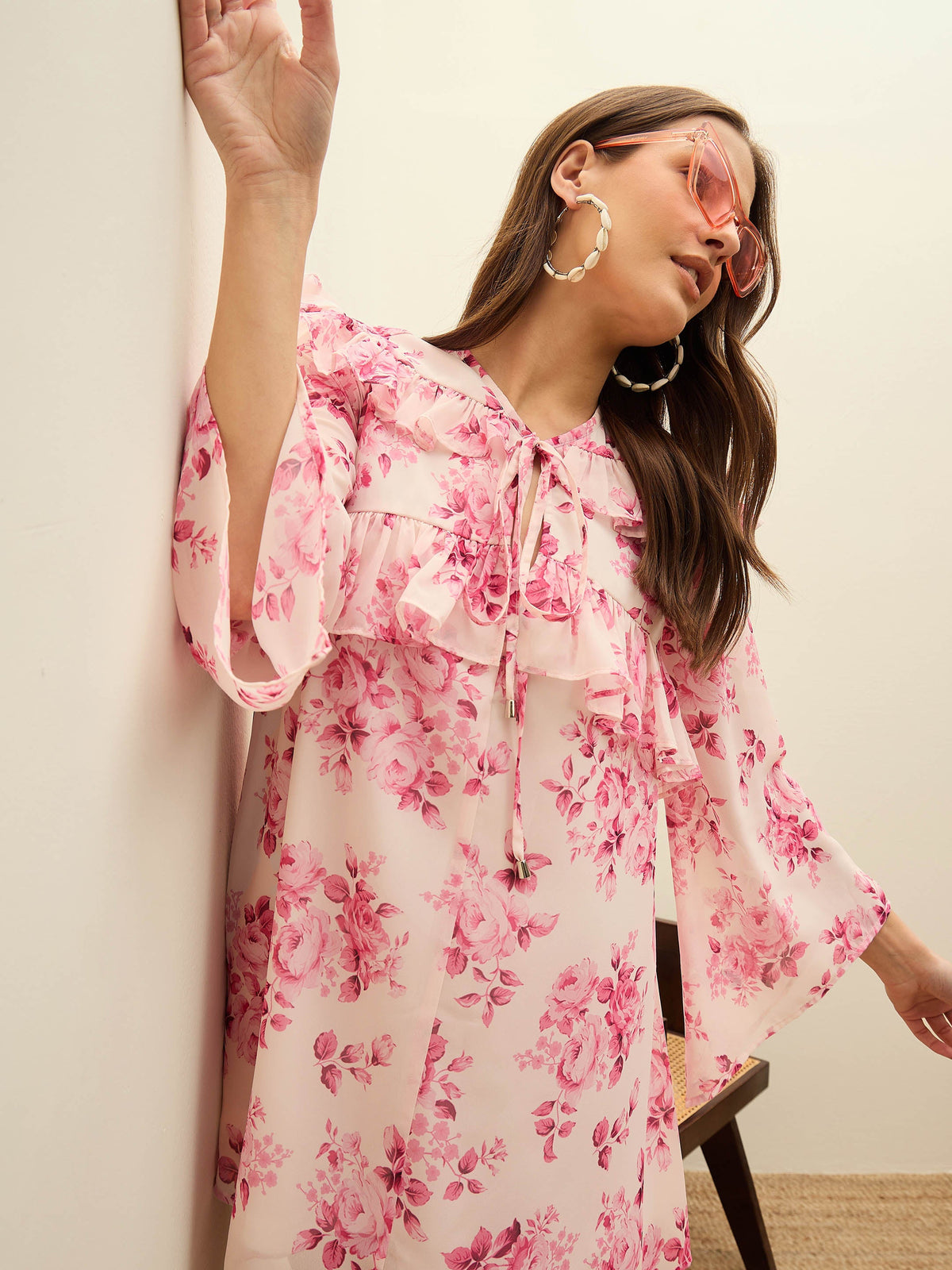 Pink Floral A-Line Short Dress-SASSAFRAS