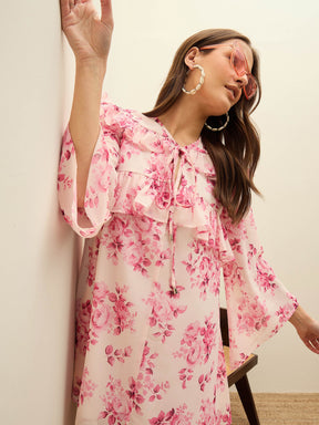Pink Floral A-Line Short Dress-SASSAFRAS