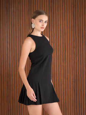 Black Pleated Hem Short Dress-SASSAFRAS
