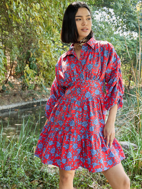 Red & Blue Floral Ruched Sleeves Short Dress-Pink Paprika By SASSAFRAS