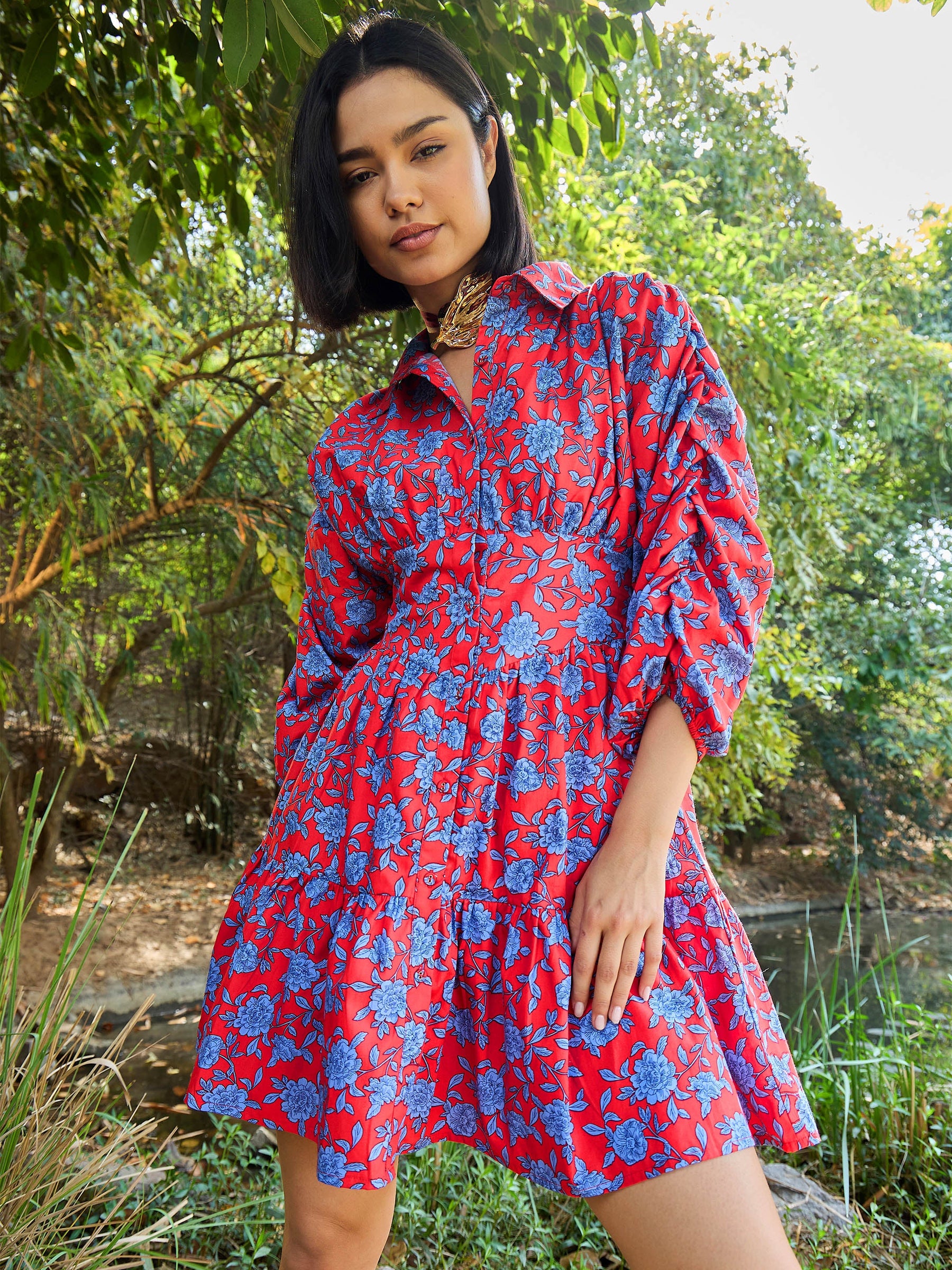 Red & Blue Floral Ruched Sleeves Short Dress-Pink Paprika By SASSAFRAS
