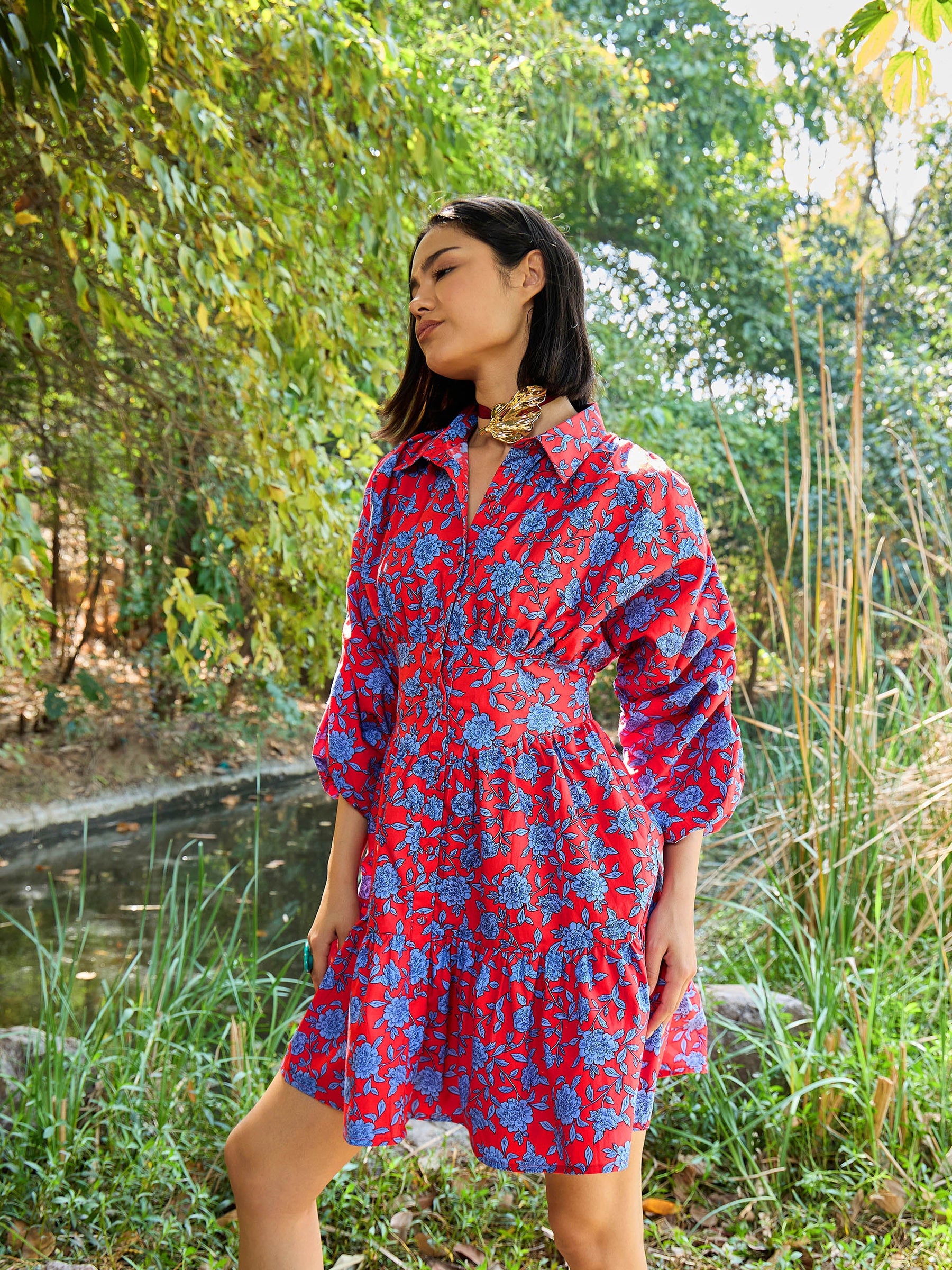 Red & Blue Floral Ruched Sleeves Short Dress-Pink Paprika By SASSAFRAS