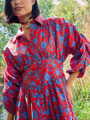 Red & Blue Floral Ruched Sleeves Short Dress-Pink Paprika By SASSAFRAS