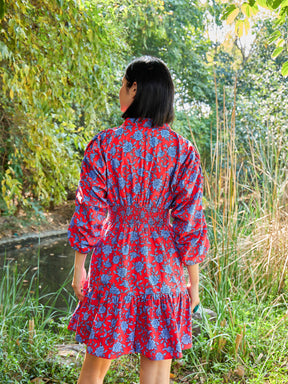 Red & Blue Floral Ruched Sleeves Short Dress-Pink Paprika By SASSAFRAS