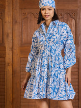 Blue &White Floral Ruched Sleeves Short Dress-Pink Paprika By SASSAFRAS