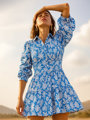 Women Blue &White Floral Ruched Sleeves Short Dress