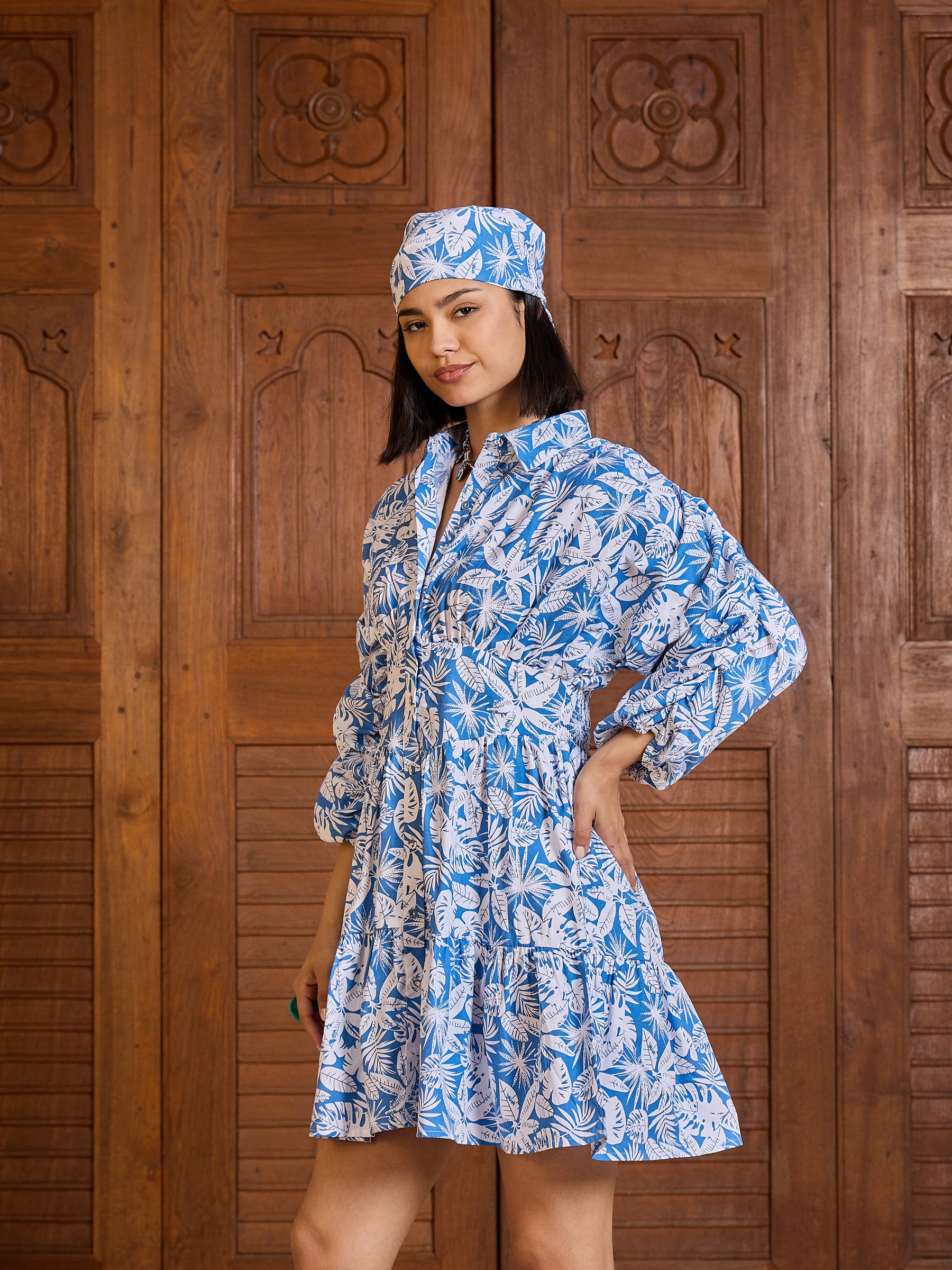 Blue &White Floral Ruched Sleeves Short Dress-Pink Paprika By SASSAFRAS
