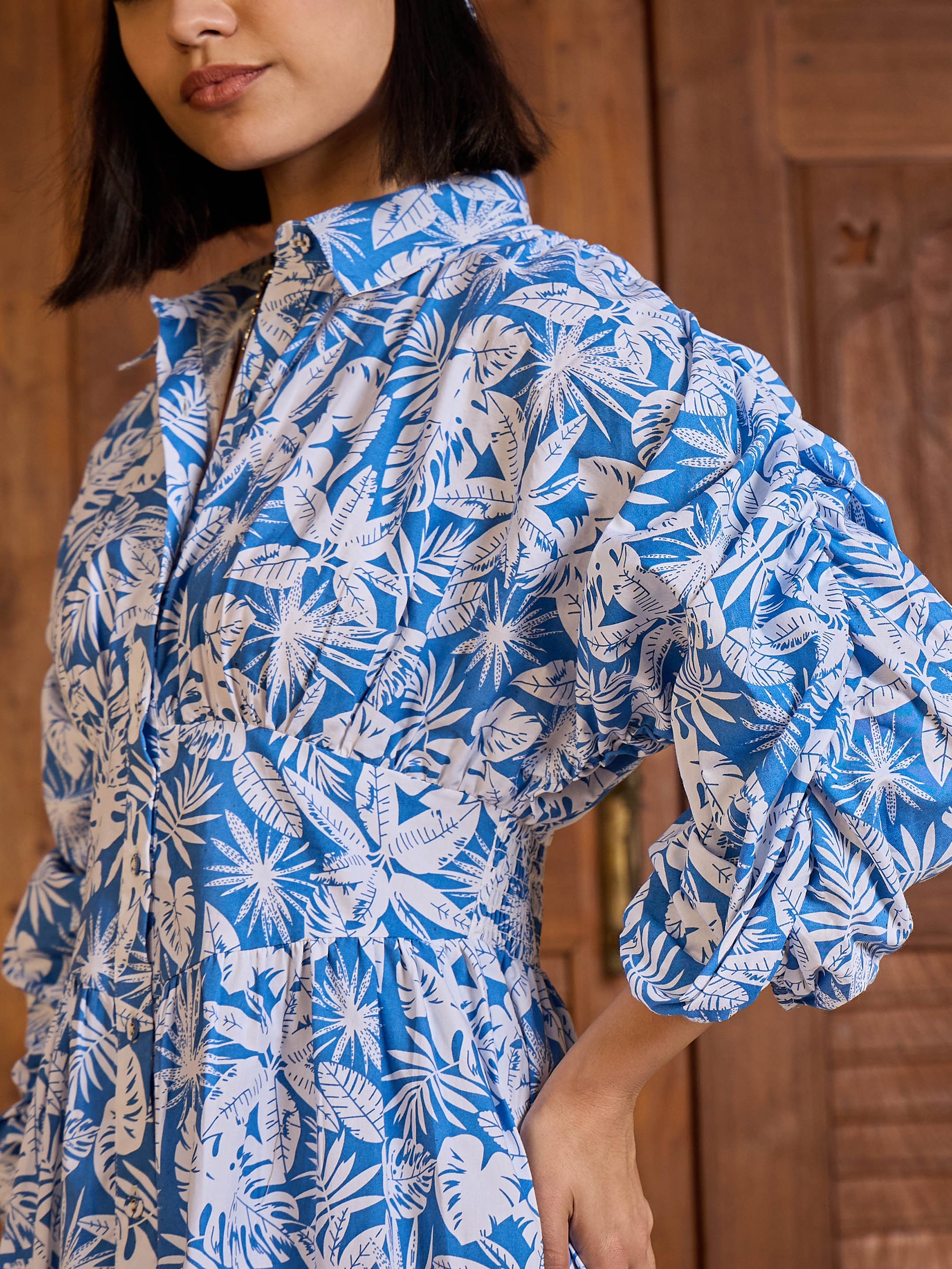 Blue &White Floral Ruched Sleeves Short Dress-Pink Paprika By SASSAFRAS