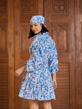 Blue &White Floral Ruched Sleeves Short Dress-Pink Paprika By SASSAFRAS