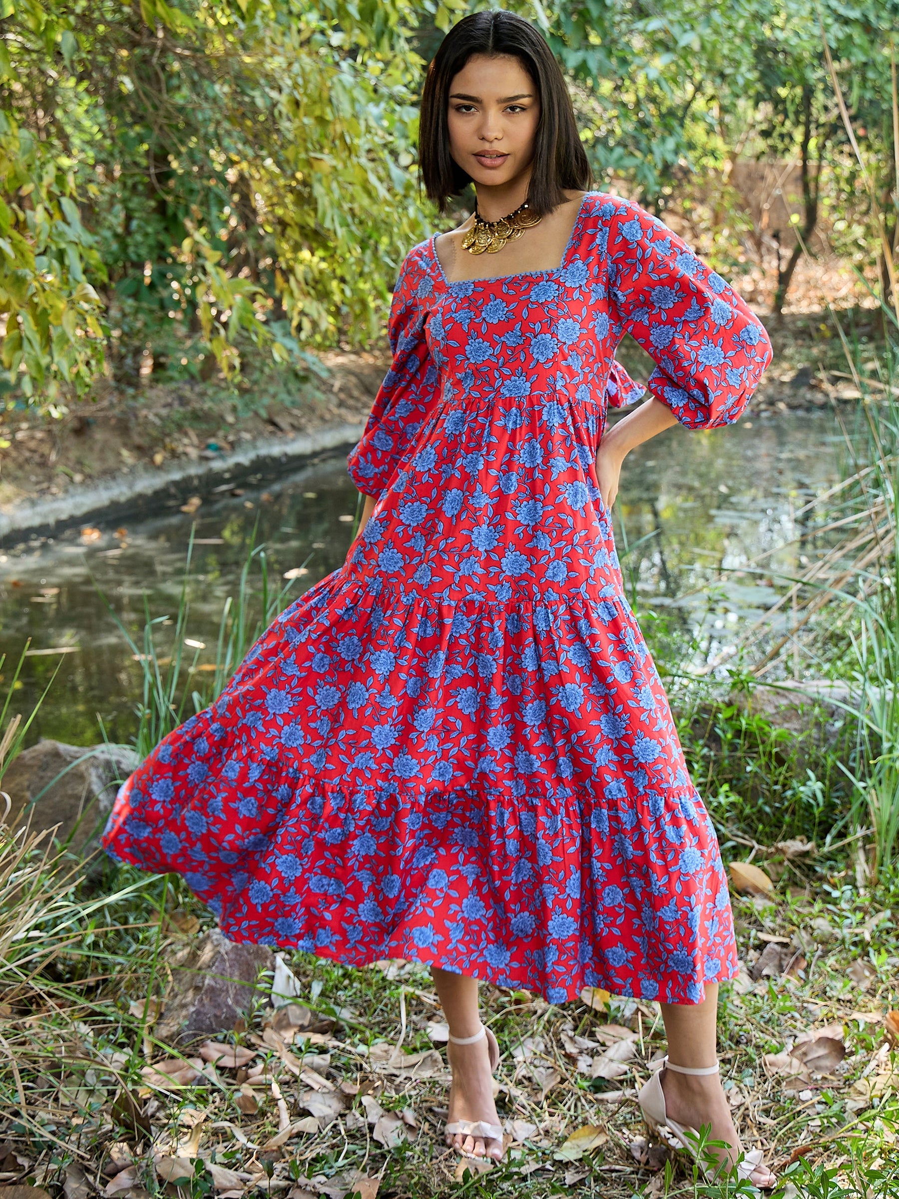 Red & Blue Floral Back Tie Knot Midi Dress-Pink Paprika By SASSAFRAS