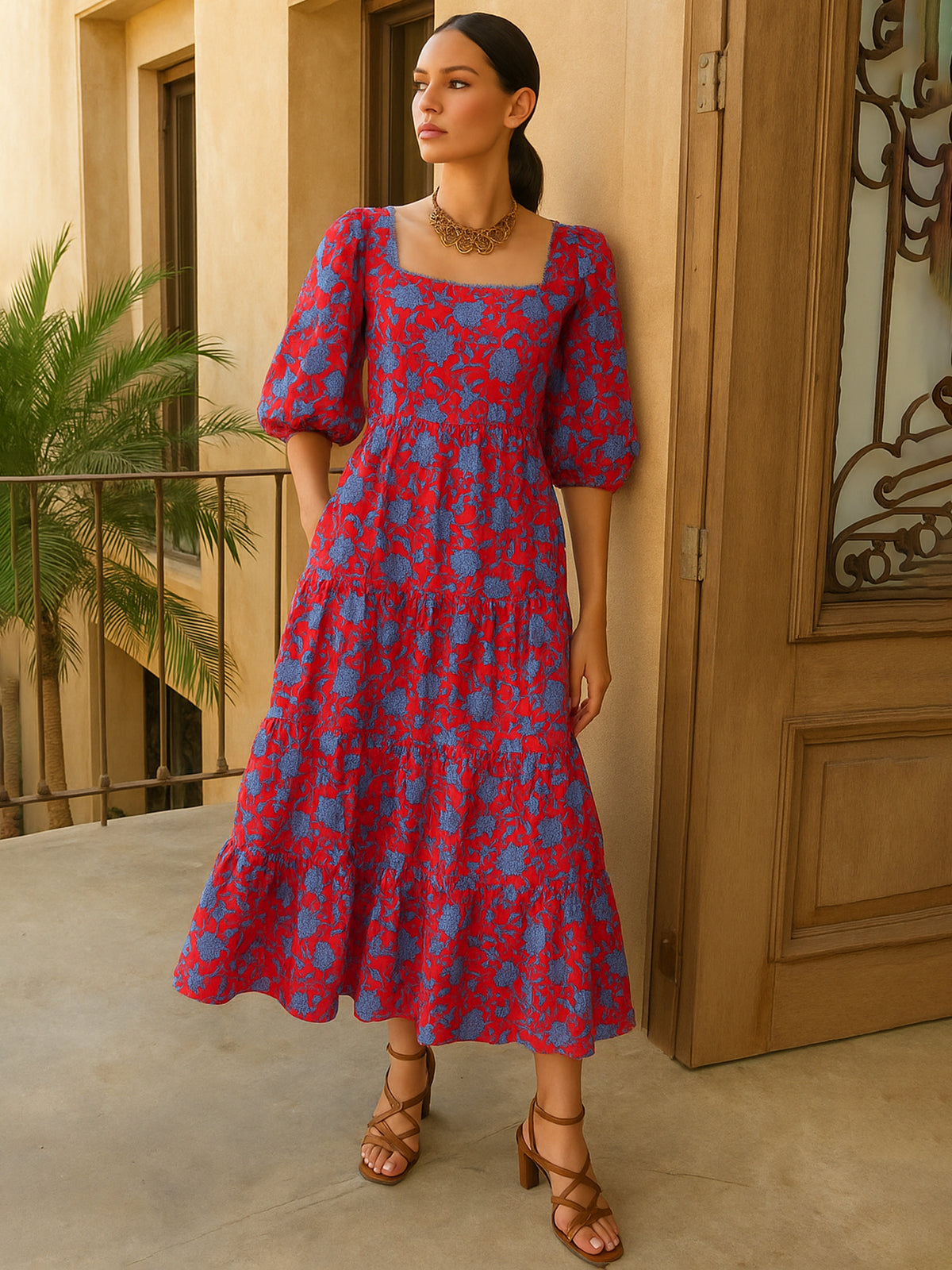 Women Red & Blue Floral Back Tie Knot Midi Dress