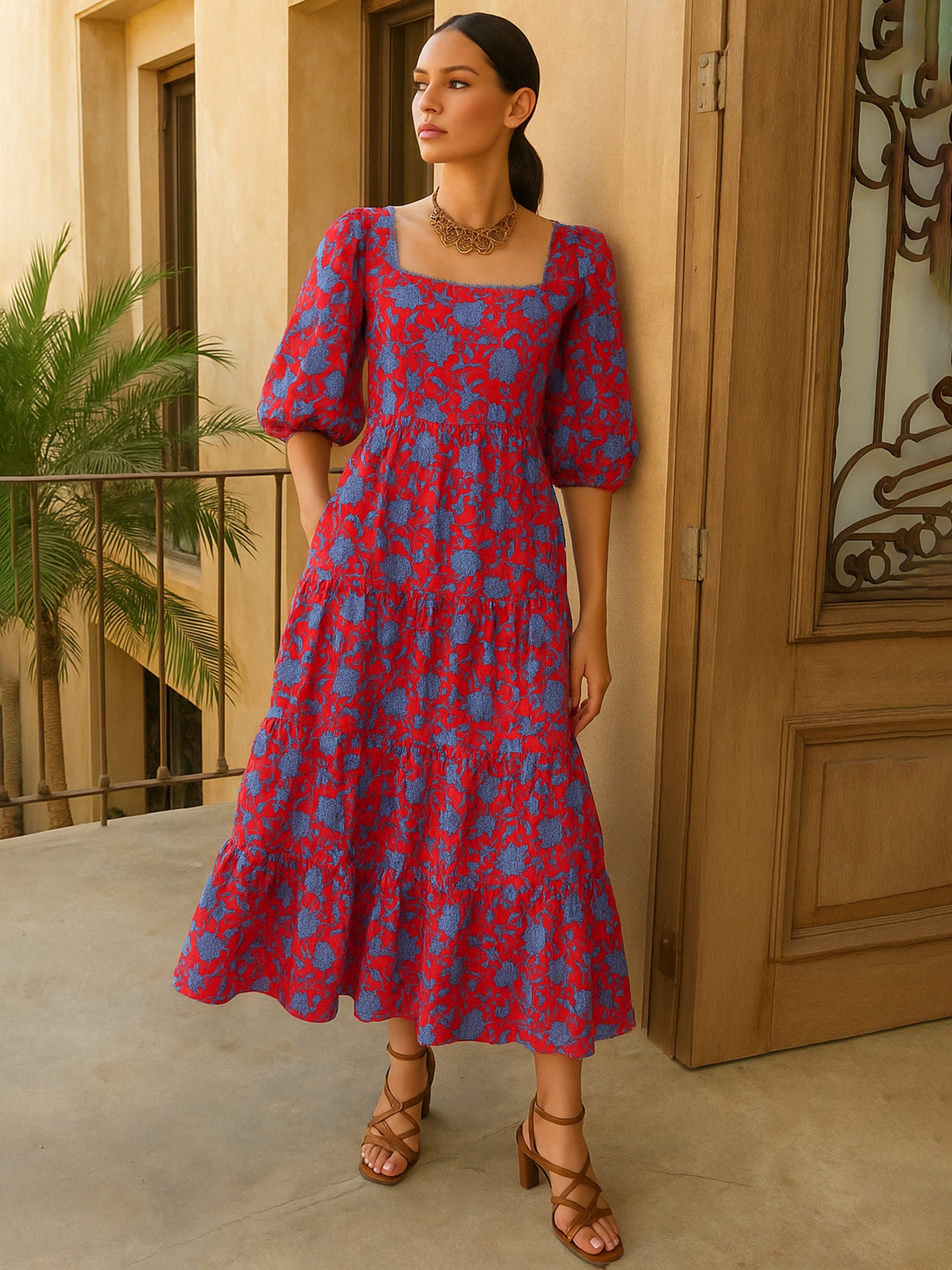 Women Red & Blue Floral Back Tie Knot Midi Dress