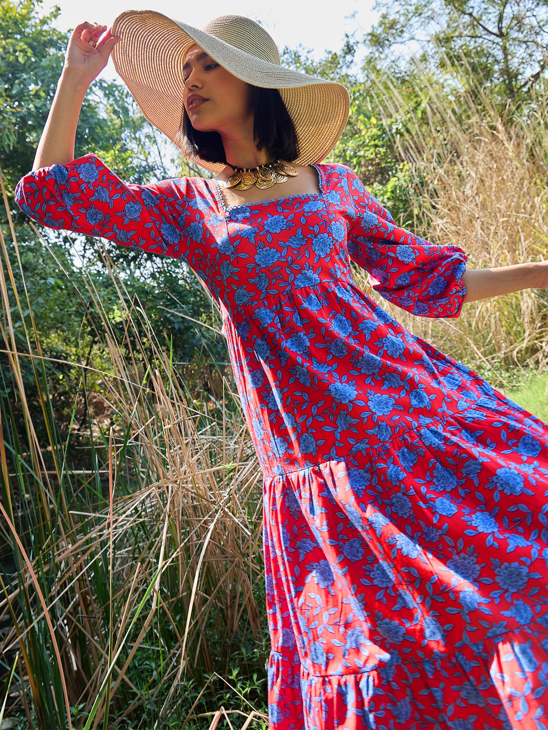 Red & Blue Floral Back Tie Knot Midi Dress-Pink Paprika By SASSAFRAS
