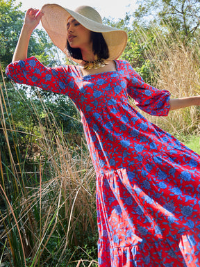 Red & Blue Floral Back Tie Knot Midi Dress-Pink Paprika By SASSAFRAS