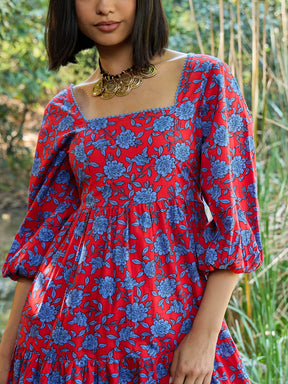 Red & Blue Floral Back Tie Knot Midi Dress-Pink Paprika By SASSAFRAS