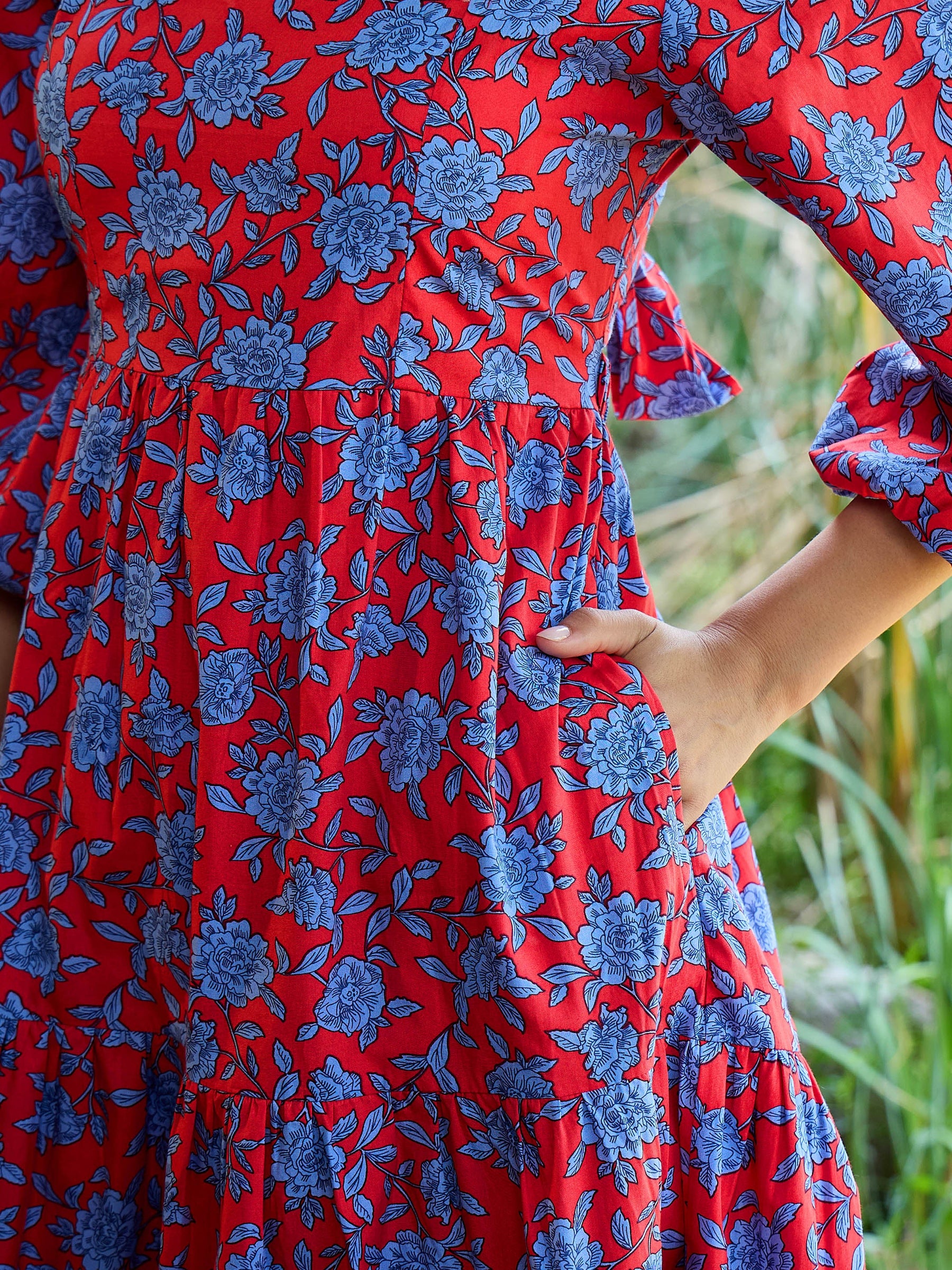 Red & Blue Floral Back Tie Knot Midi Dress-Pink Paprika By SASSAFRAS
