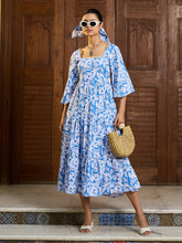 Blue & White Floral Back Tie Knot Midi Dress-Pink Paprika By SASSAFRAS