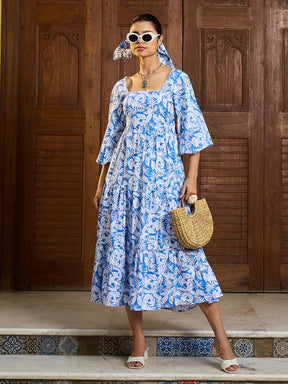 Blue & White Floral Back Tie Knot Midi Dress-Pink Paprika By SASSAFRAS