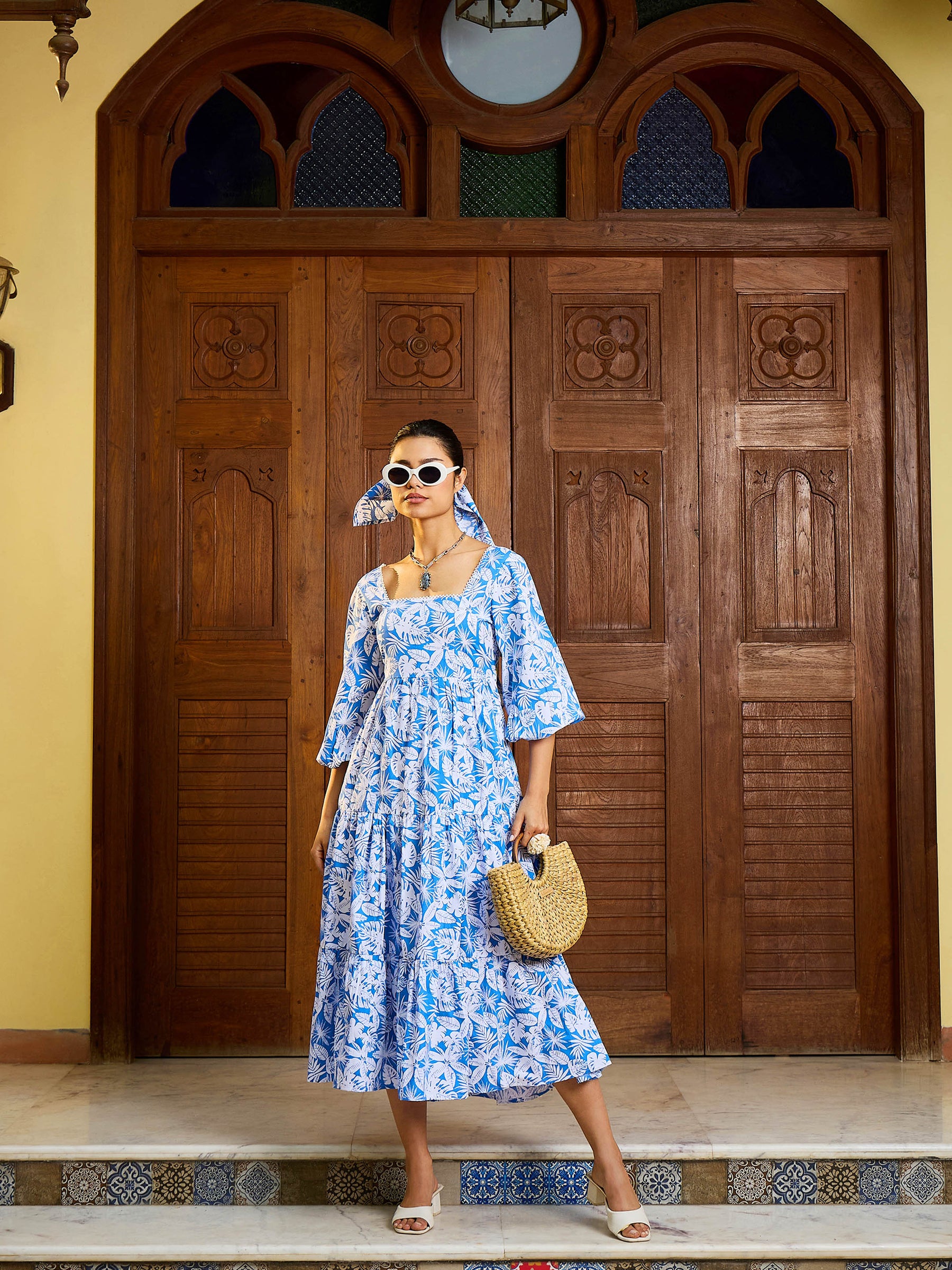 Blue & White Floral Back Tie Knot Midi Dress-Pink Paprika By SASSAFRAS