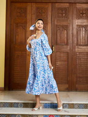 Blue & White Floral Back Tie Knot Midi Dress-Pink Paprika By SASSAFRAS